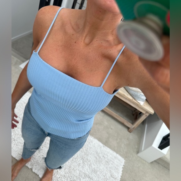 Franco Sarto Blue Ribbed Spaghetti Strap Tank Top | Size M - Picture 4 of 12